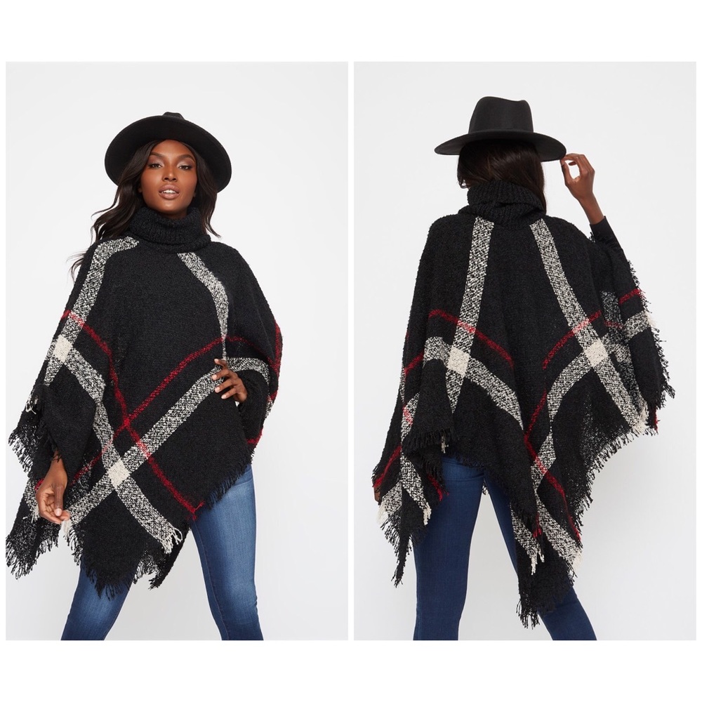 Black Plaid Turtleneck Oversize KnitPoncho/Sweater